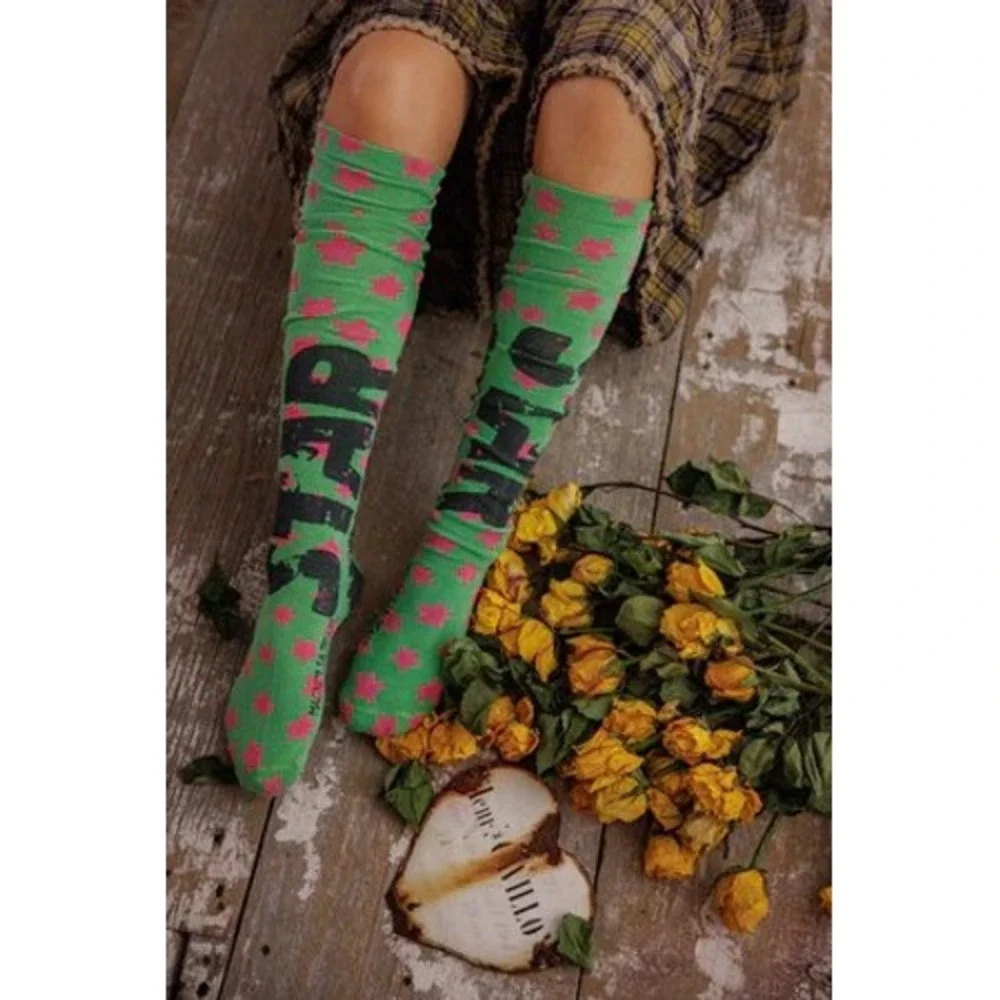 Magnolia Pearl STAR Green Pink Stars OTK Knit Knee High Socks NWT‎